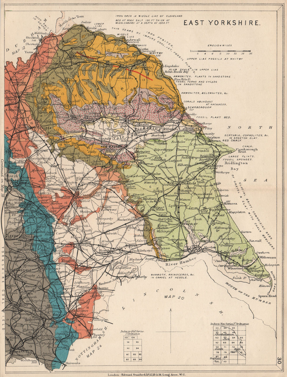 EAST YORKSHIRE Geological map. STANFORD 1913 old antique plan chart